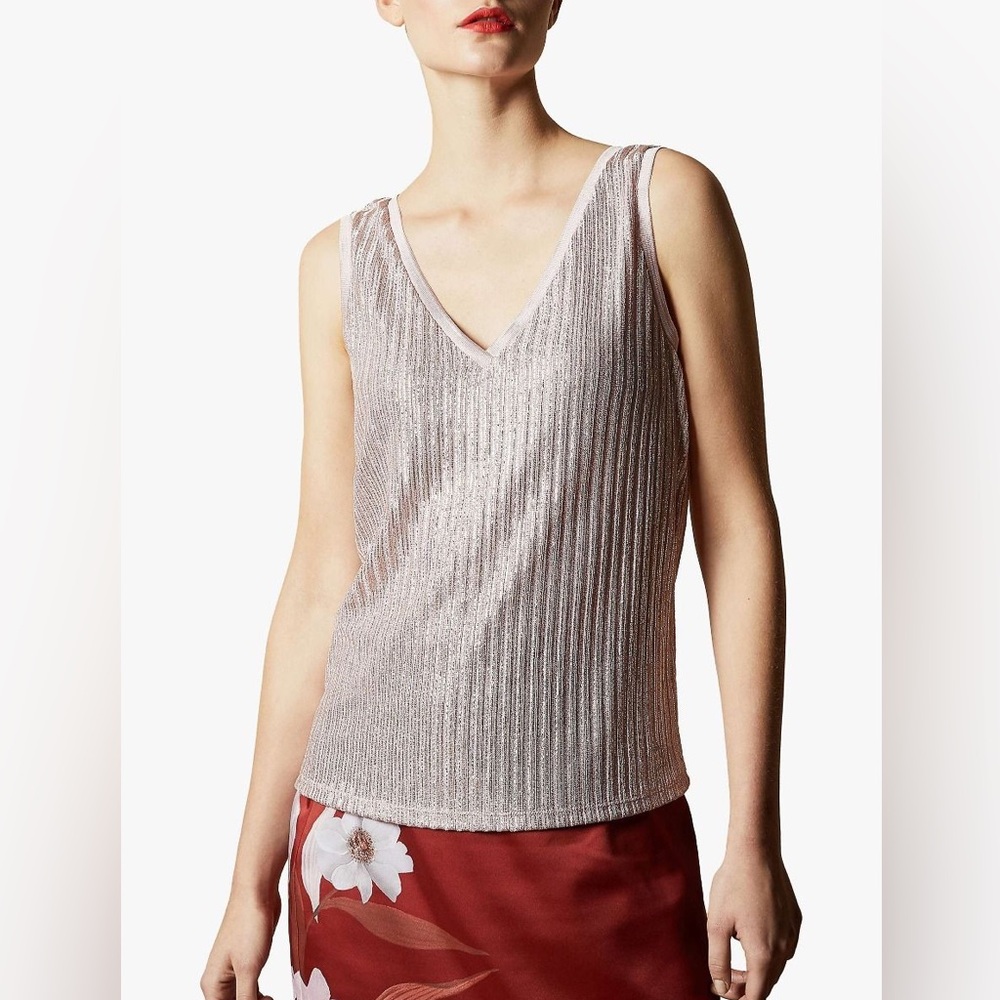 TED BAKER Robinee Ribbed Vest Top Metallic in Light Pink
